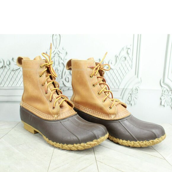 LL Bean Brown Leather Lace Up Round Toe Unlined Ankle Duck Boots Size 8 N - Picture 2 of 10